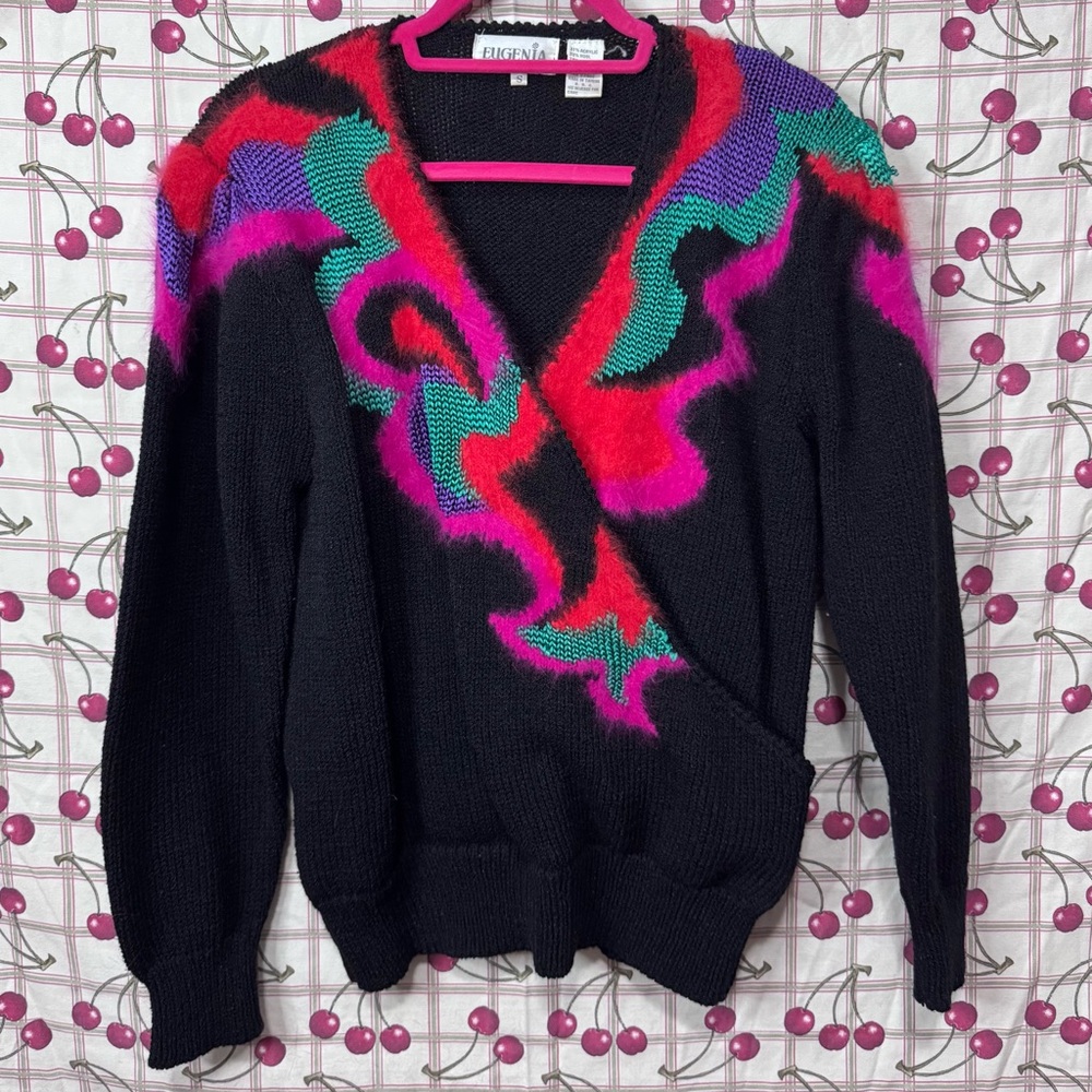 Vintage Eugenia By Angenie Black And Multicolor Abstract Wrap Knit Sweater